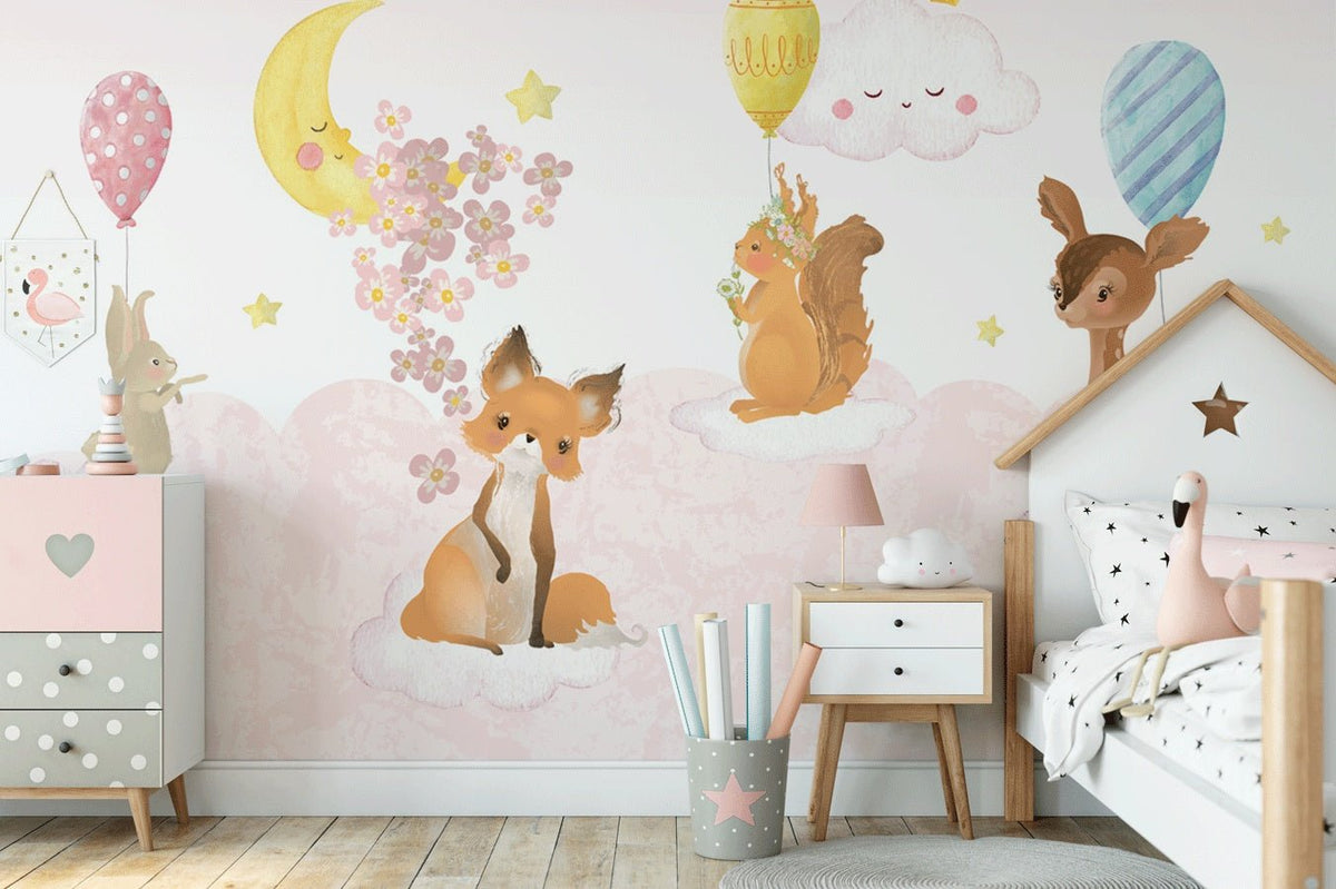 Baby room wallpaper animals pink cloud