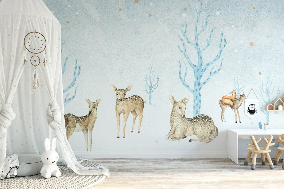 Tapete Babyzimmer blau Wald und Rehe