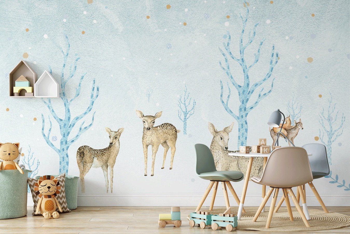 Papier peint chambre bébé bleu forêt et daims - Muralconceptpapier_peint_sur_mesure