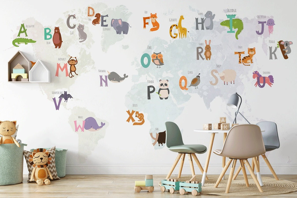 Educational world map children's room wallpaper