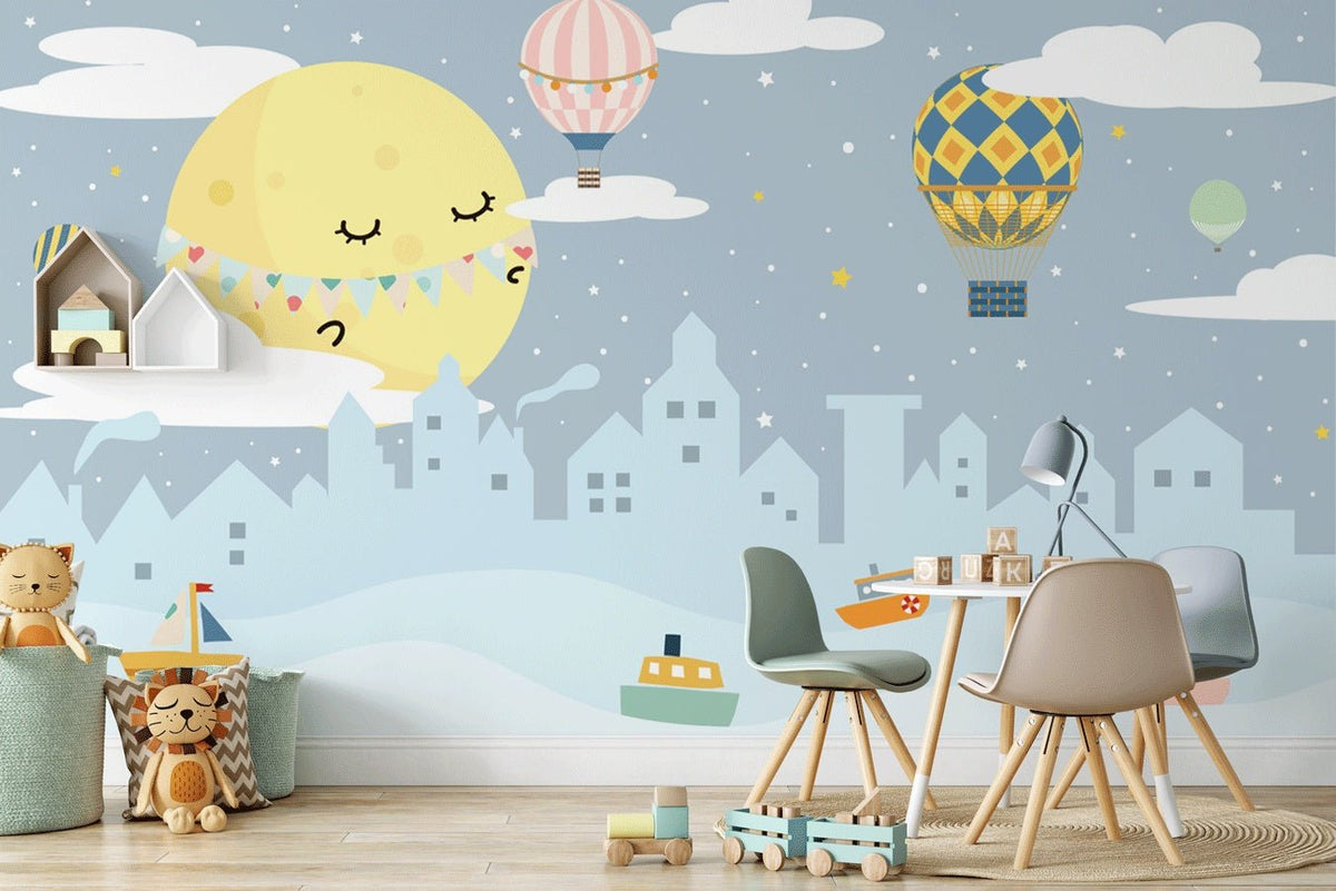 Papel pintado dormitorio infantil luna suave en la ciudad