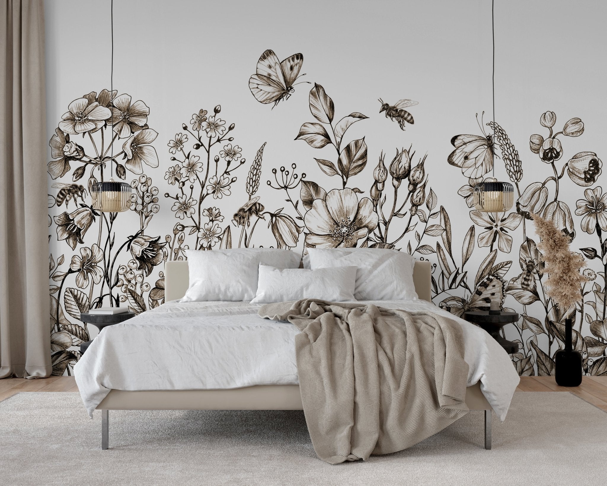 Papier peint champêtre fleur sépia - panoramique français