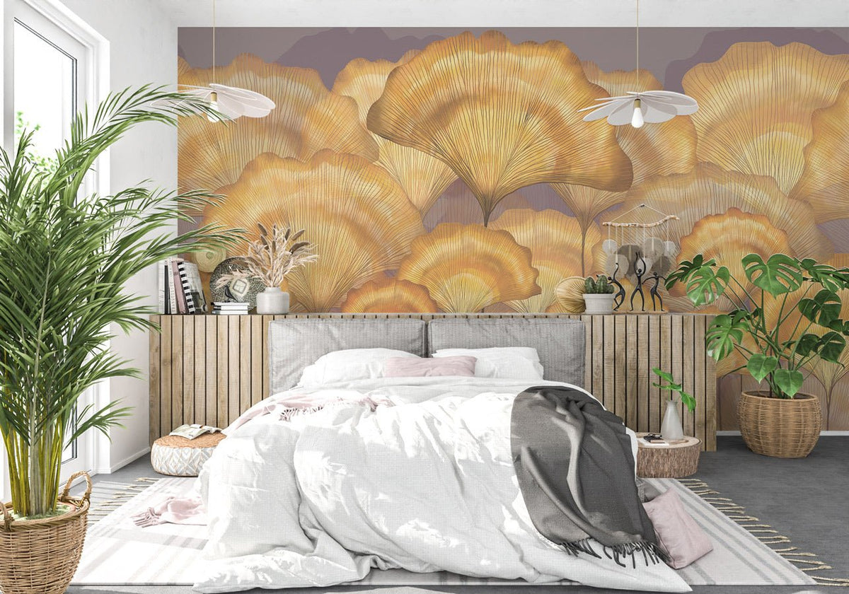 Papel pintado ocre ginkgo contemporáneo