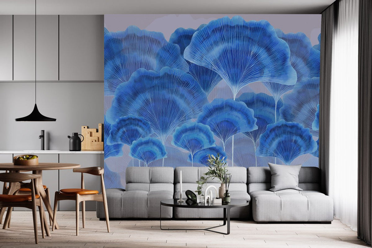 Papel pintado contemporáneo ginkgo zen azul