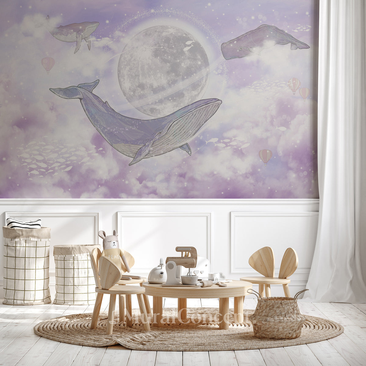 Fairy whales children's wallpaper