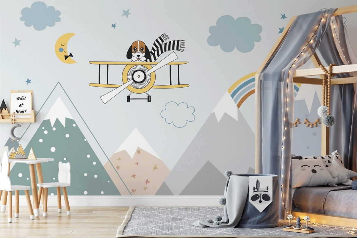 Papel pintado infantil azul de montaña escandinavo