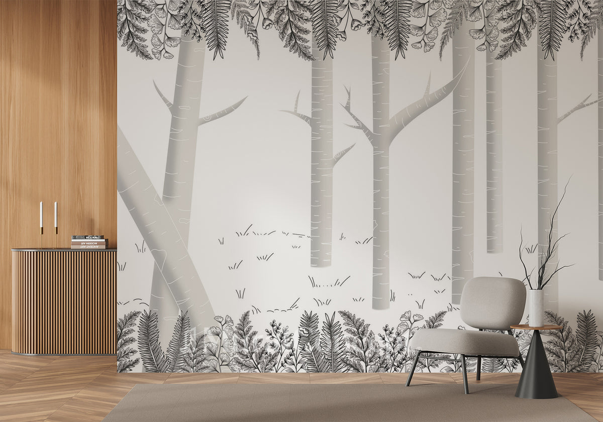 Grey birch forest wallpaper