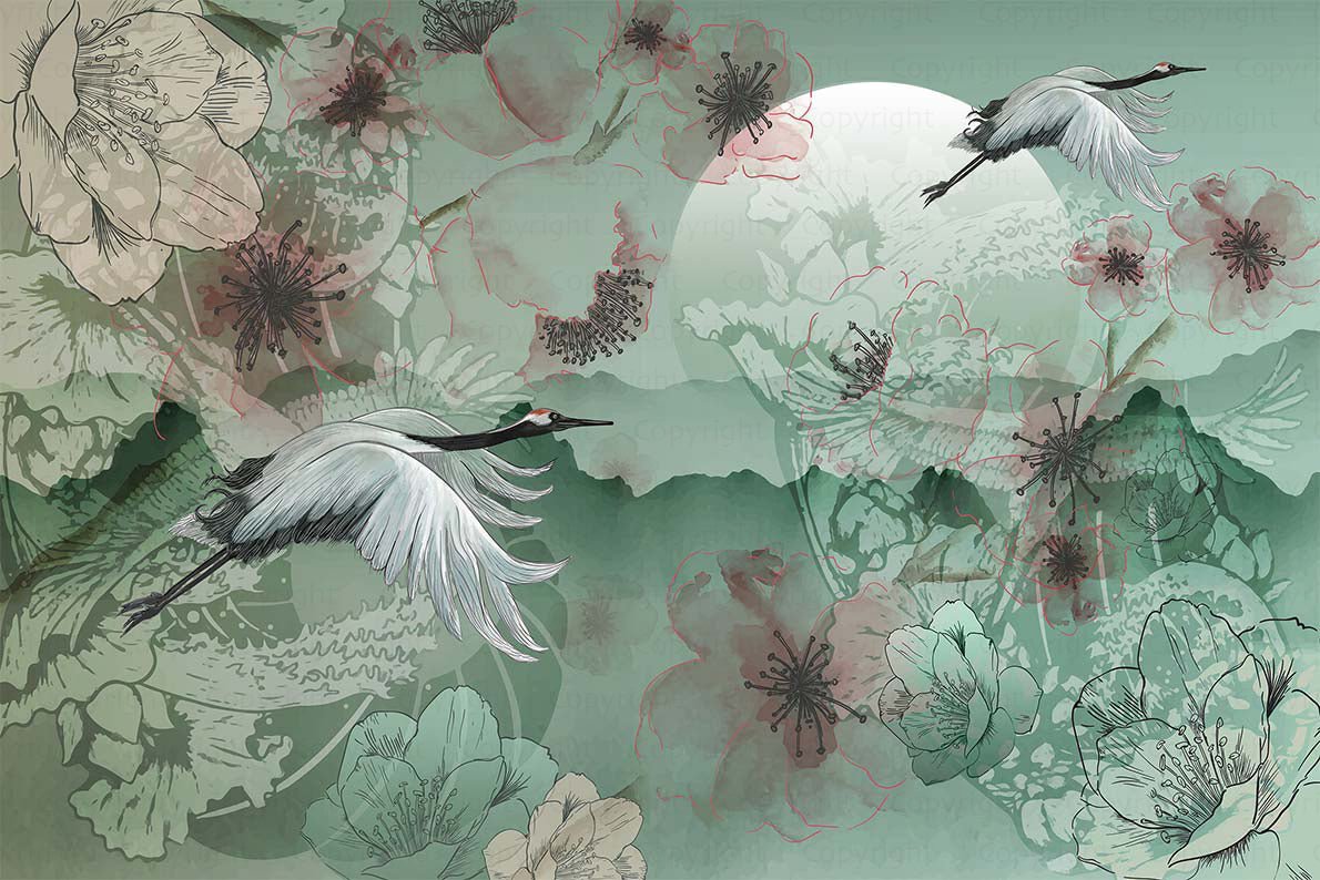 Papier peint grues japonaises, mural concept, tendance