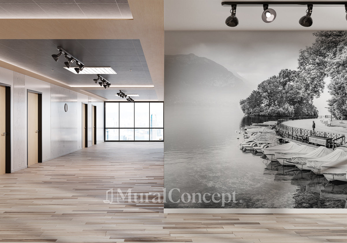 Fondo de pantalla en blanco y negro de la sala de contemplación del lago de Annecy