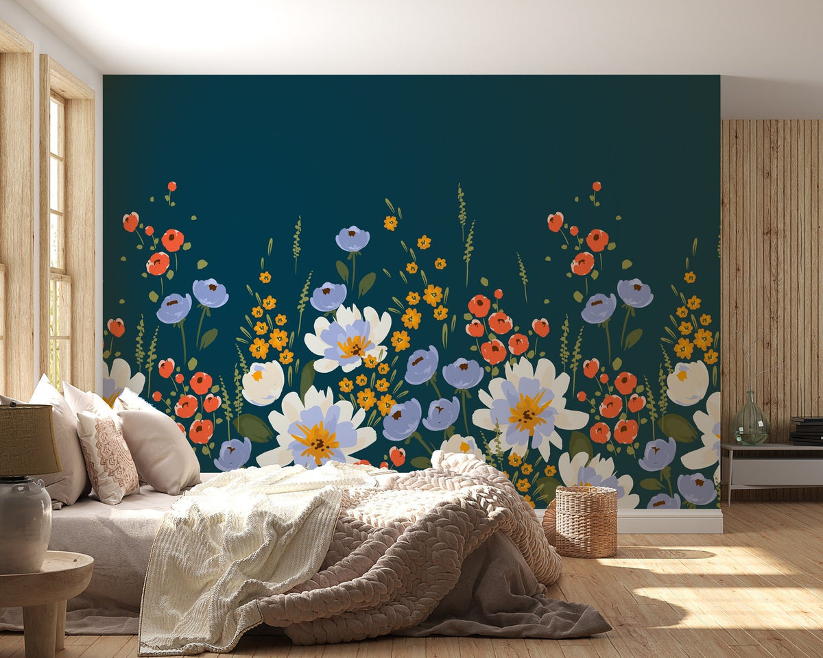 Blue floral velvet panoramic wallpaper