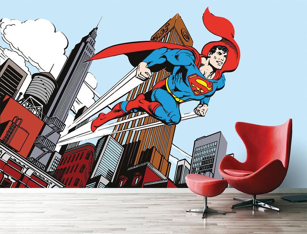 Papier peint panoramique héro superman BD vintage jump hors de la ville - papier peint sur mesure francais - muralconcept