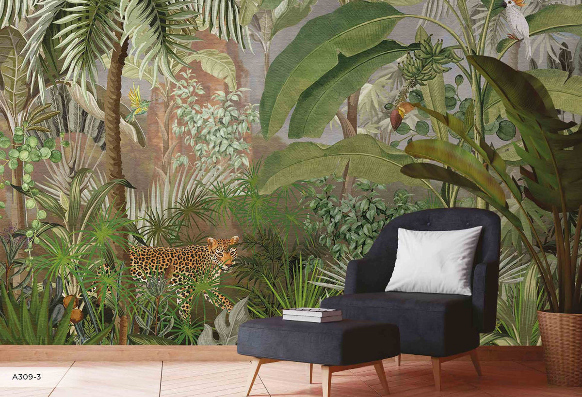 Panoramic jungle & leopard wallpaper