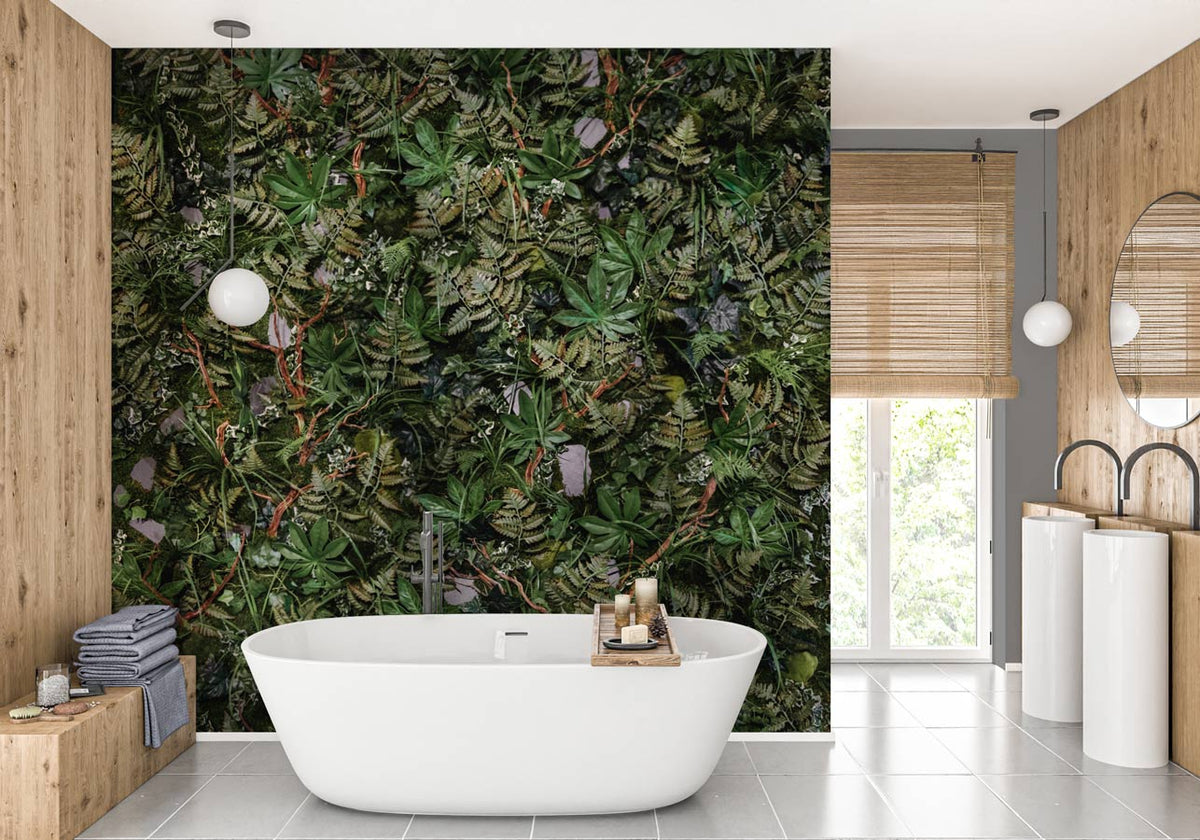 Panoramic trompe l'oeil wallpaper plant wall