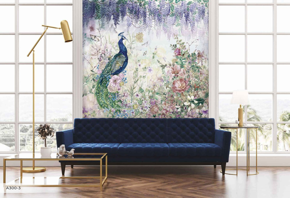 Panorama-Wallpaper Peacock blau Pfau floral