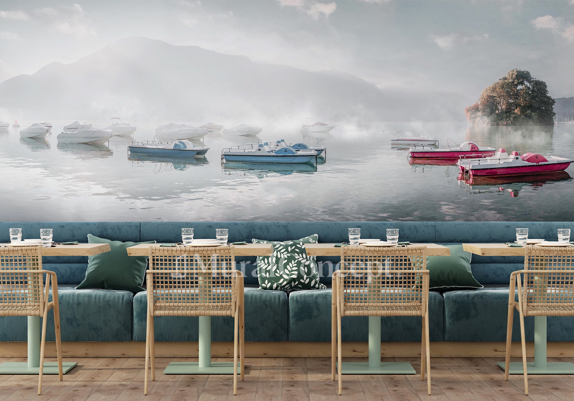 Papier peint restaurant un matin frais au lac d'Annecy vintage - panoramique français