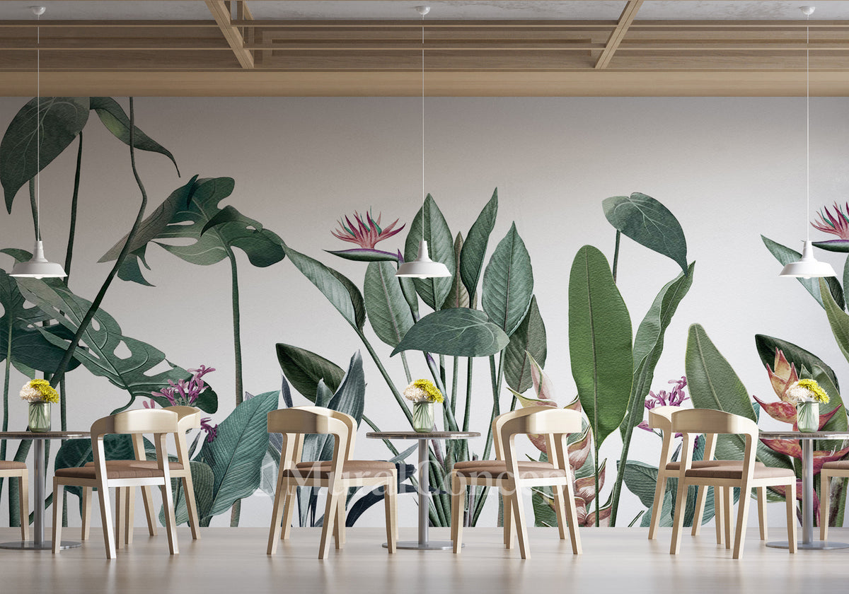 Fondo de restaurante con plantas tropicales