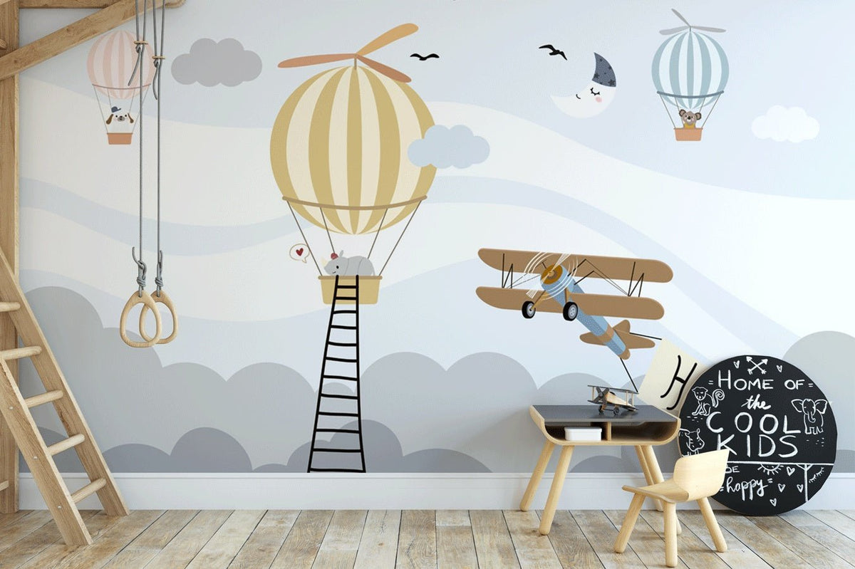 Papel pintado infantil avión rinoceronte y globo aerostático