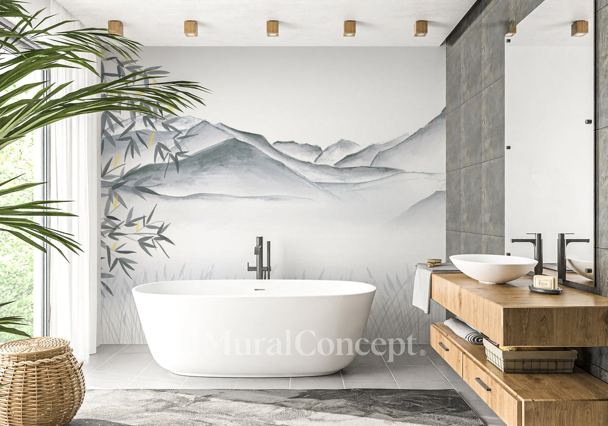 Artistic bathroom wallpaper Annecy between lake and mountains grey