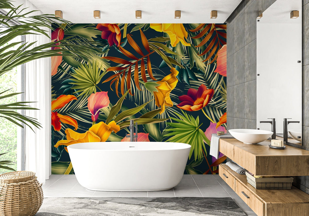 Papier peint salle de bain orange tropical