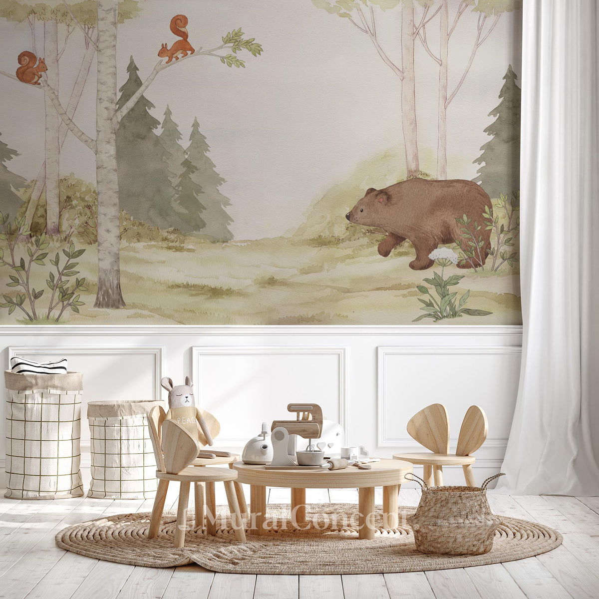 Children's wallpaper tender bear in the forest