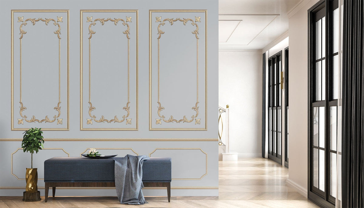 Trompe l'oeil wallpaper with gold molding in Parisian style