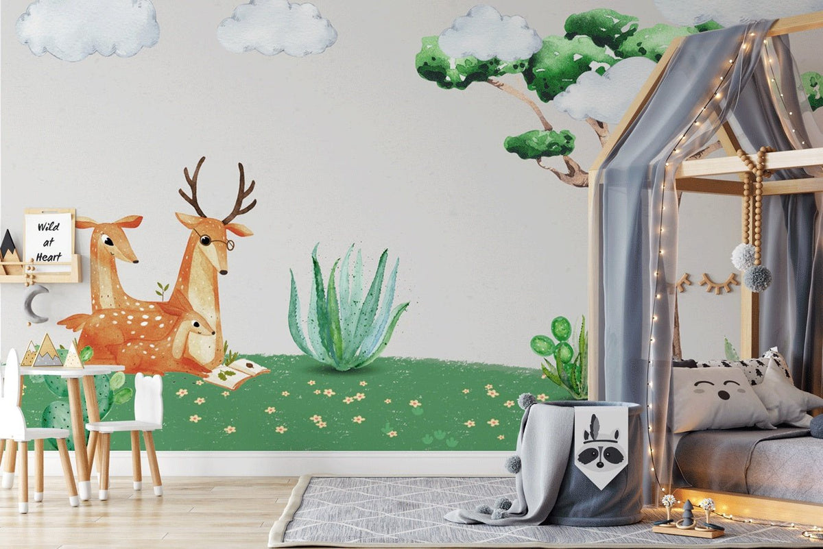 Children's wallpaper with plants and deer