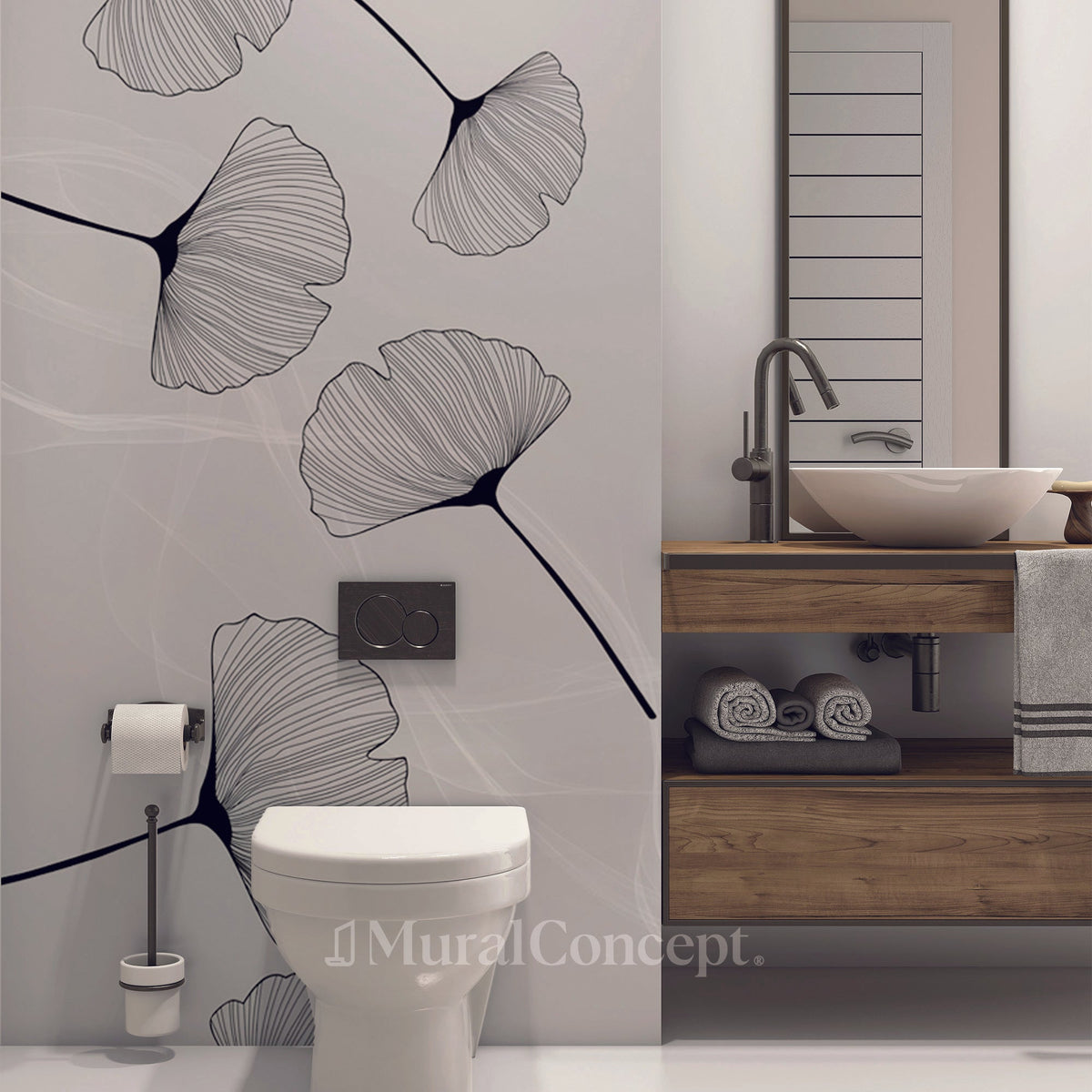 Carta da parati trendy per il bagno in ginkgo nero